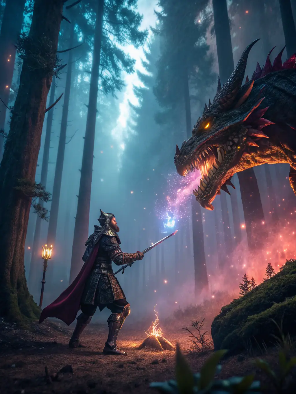 A dynamic action shot from 'Fantasy Realms', depicting a warrior battling a dragon in a mystical forest, with detailed character and environment design. This image captures the immersive fantasy experience available on PlayTr4fun.