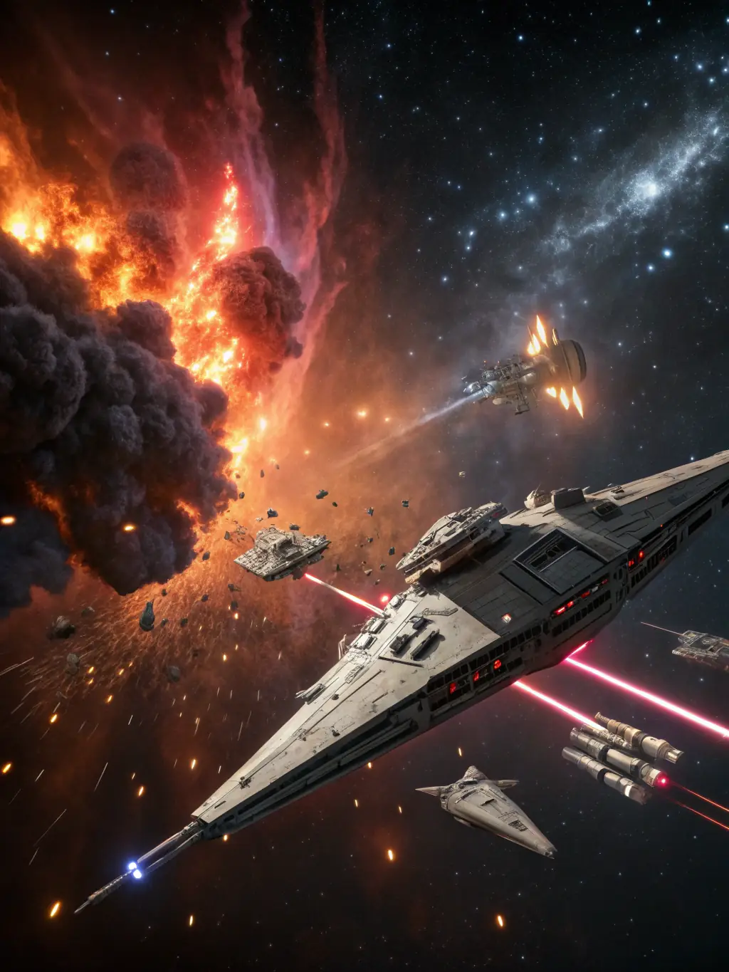 A vibrant screenshot from 'Galactic Conquest', showing a fleet of spaceships engaged in a massive battle near a nebula, with laser fire illuminating the scene. This image represents the strategic depth and visual spectacle of the game within the PlayTr4fun community.